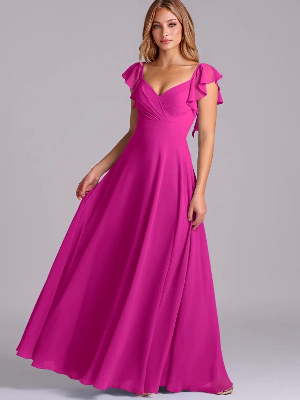 Elegant Fuchsia Flutter-Sleeve A-line Dress